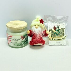 Cost Plus World Market Cranberry Balsam Candle sleigh pin and Santa ornament
